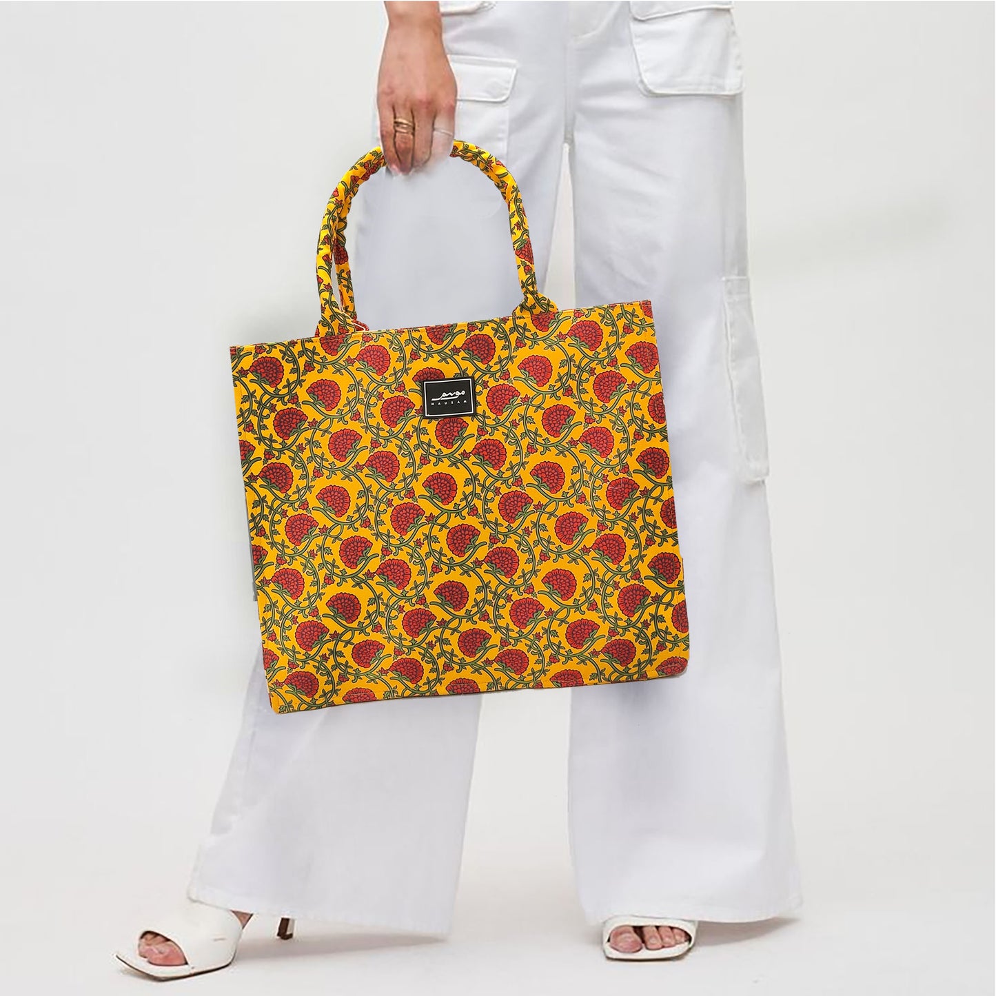 MUSTARD FLORAL BLOCK PRINT (LARGE TOTE BAG)