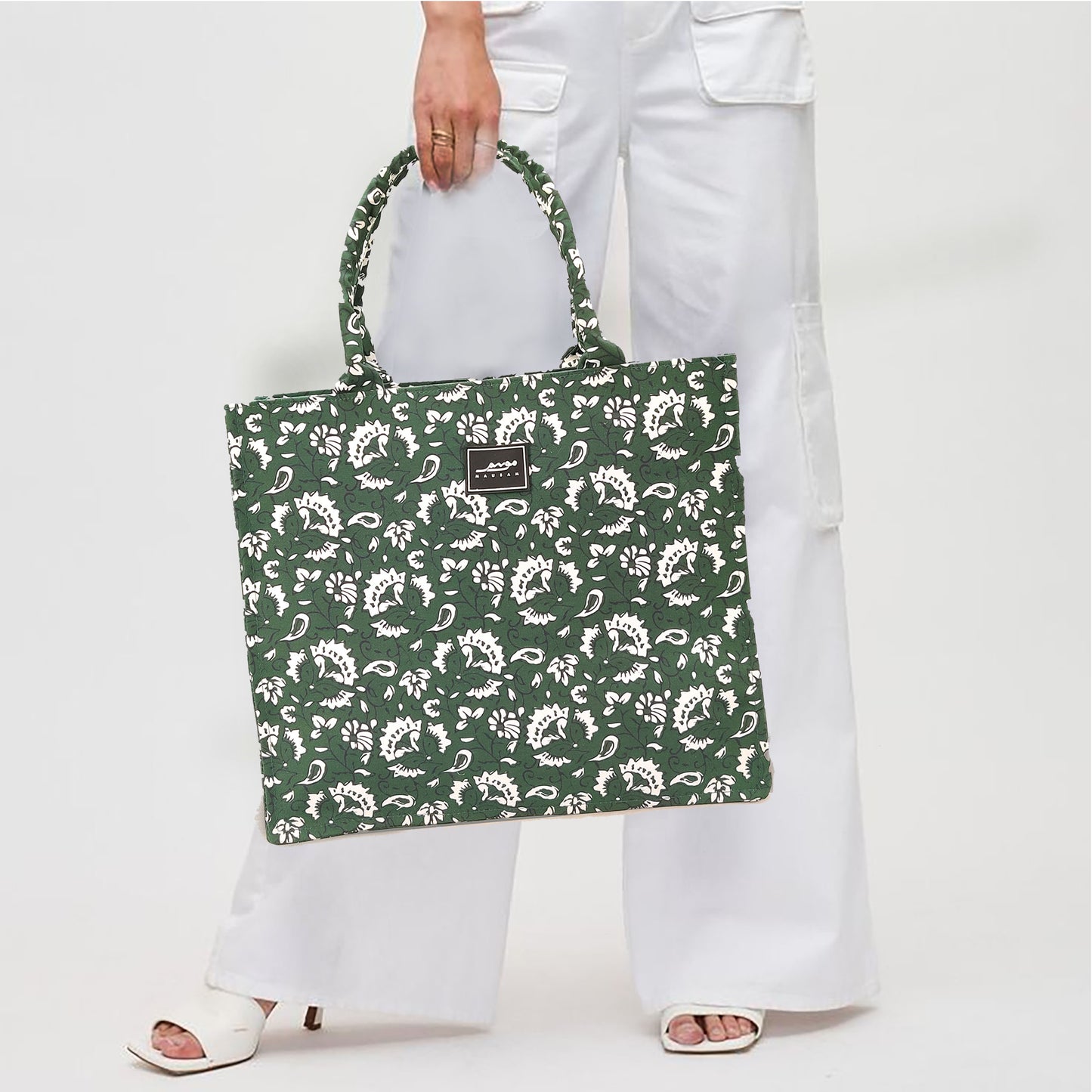 GREEN FLORAL BLOCK PRINT (LARGE TOTE BAG)